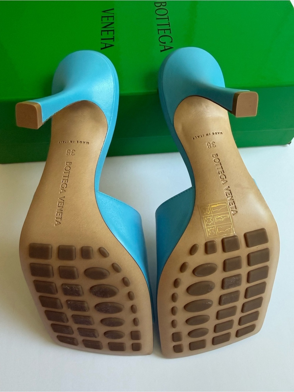 Bottega Veneta Blue Leather Square Toe Mule Heels Size 38 - Picture 8 of 8
